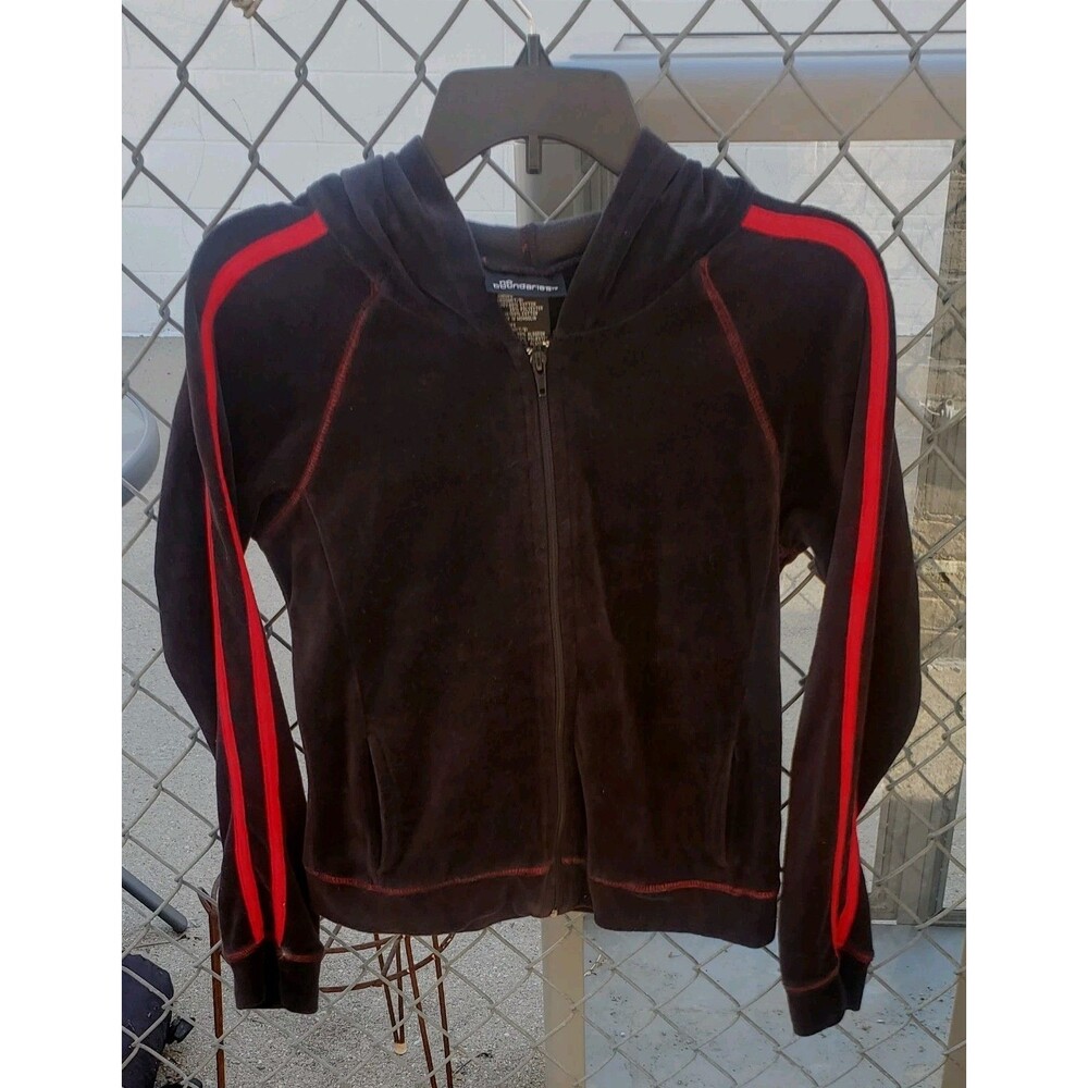 Vtg Velour Zip Black Hoodie M Track JACKET Sweatshirt Red Stripes No Boundaries